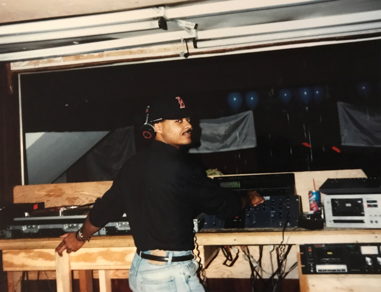 Woman Dj Topless Playing Music on Mixer on Table with Light Beam